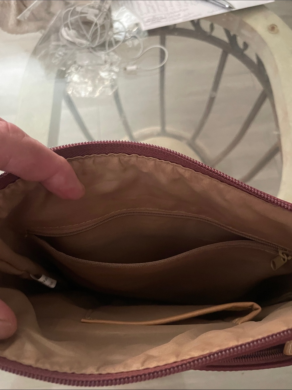 Kim Rogers Burgundy Crossbody with Tan Trim - Picture 2 of 3